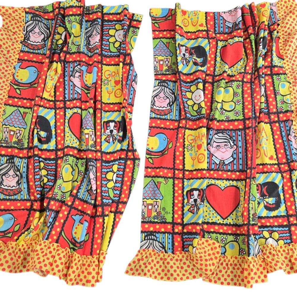 Vintage 70s Sears Curtain Panels Pair Joyce Miller Gramma Loves You Kids 46x46.5